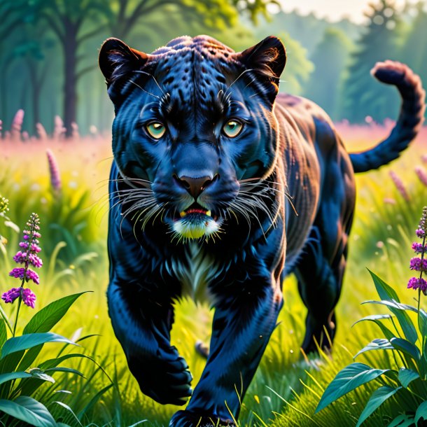 Photo of a playing of a panther in the meadow