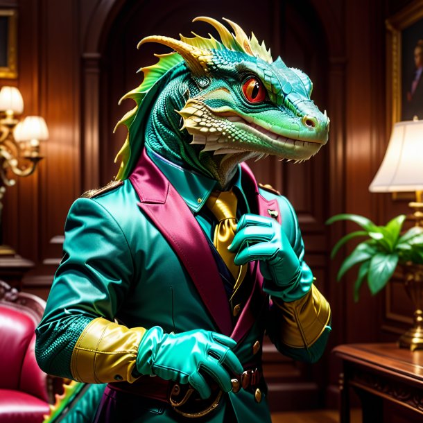 Image of a basilisk in a gloves in the house