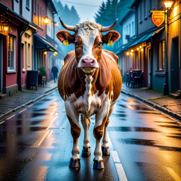 Image of a cow in a coat on the road