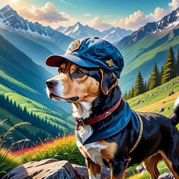 Drawing of a dog in a cap in the mountains