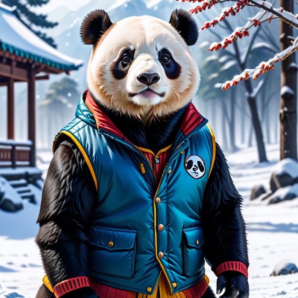 Picture of a giant panda in a vest in the snow