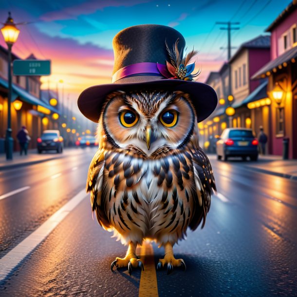 Image of a owl in a hat on the road