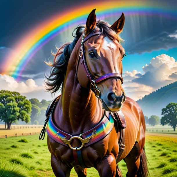 Photo of a horse in a belt on the rainbow