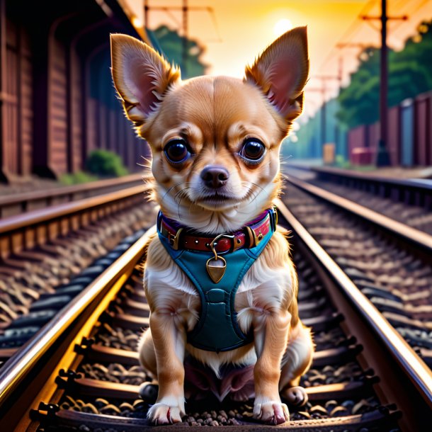 Photo of a chihuahua in a belt on the railway tracks