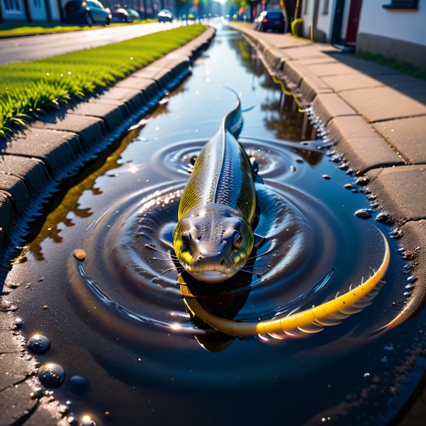 Image of a playing of a eel in the puddle