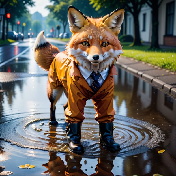 Photo of a fox in a trousers in the puddle