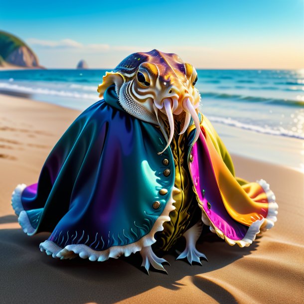 Illustration of a cuttlefish in a coat on the beach