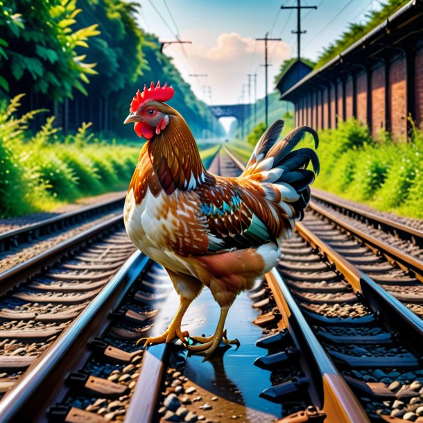 Foto de un baño de una gallina en las vías del tren