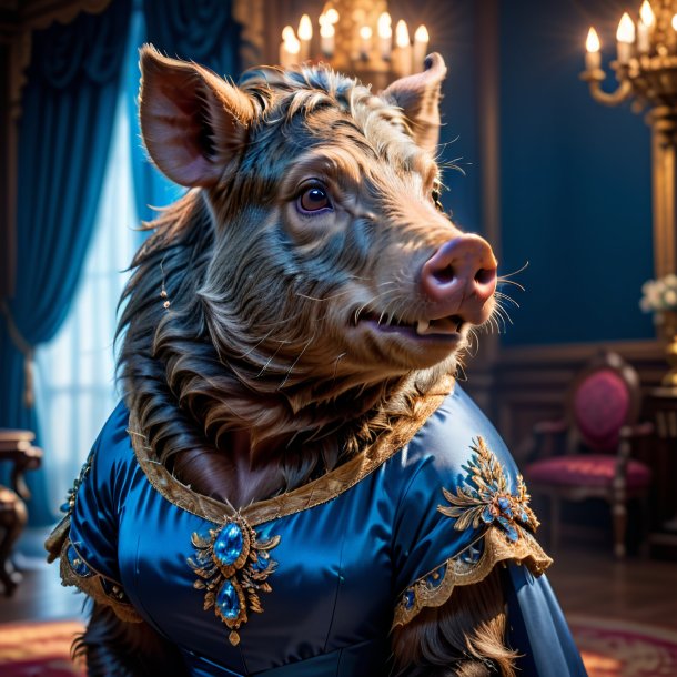 Photo of a boar in a blue dress