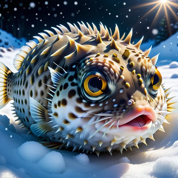 Image of a sleeping of a pufferfish in the snow