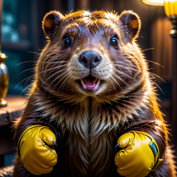 Photo of a beaver in a yellow gloves