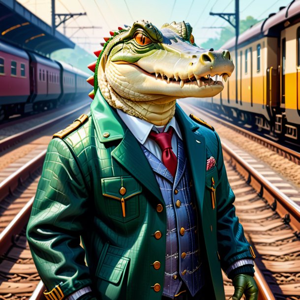 Ilustração de um crocodilo em uma jaqueta nos trilhos ferroviários