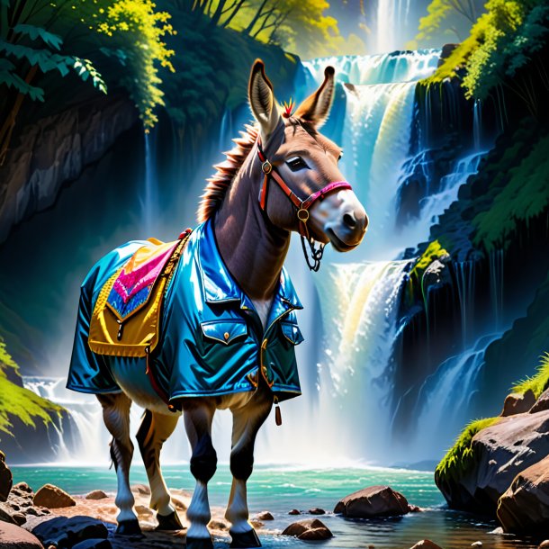 Picture of a donkey in a jacket in the waterfall