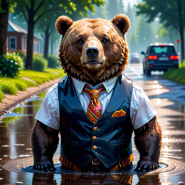 Picture of a bear in a vest in the puddle