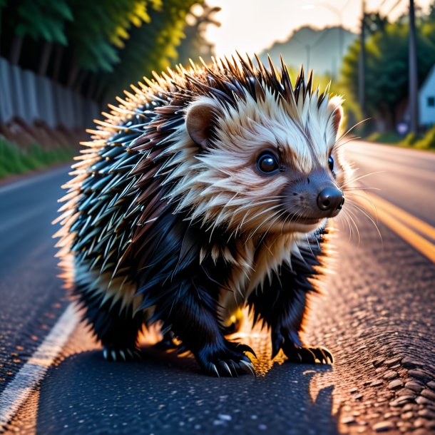 Pic of a porcupine in a gloves on the road