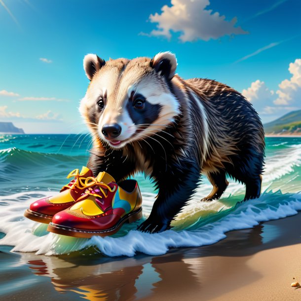 Picture of a badger in a shoes in the sea