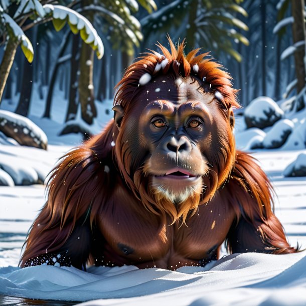 Foto de un baño de un orangután en la nieve