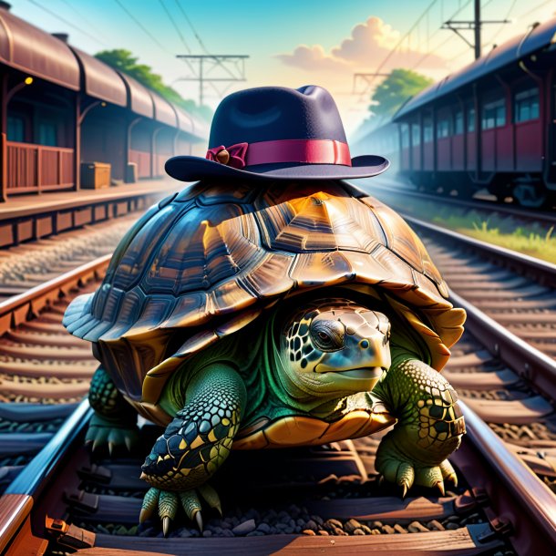 Illustration of a tortoise in a hat on the railway tracks