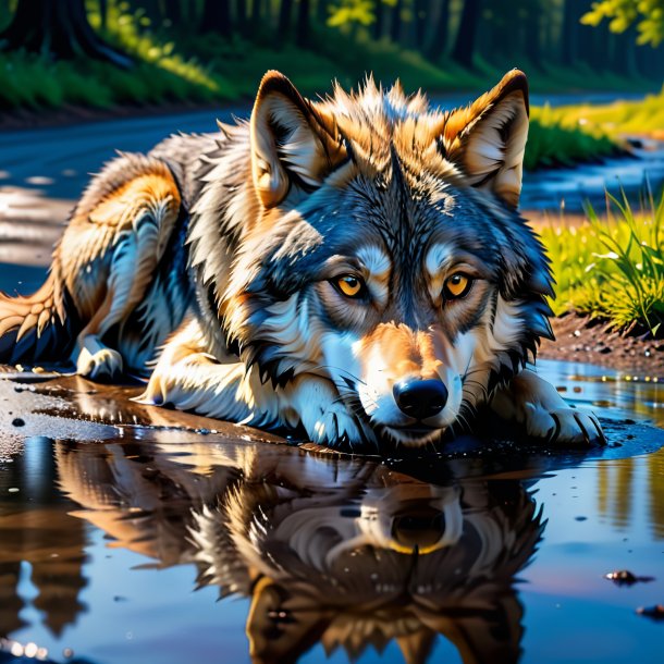 Pic of a resting of a wolf in the puddle