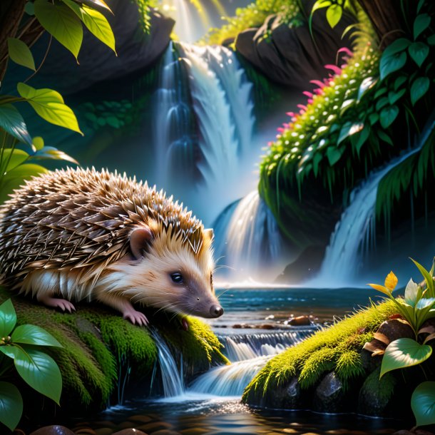 Image of a sleeping of a hedgehog in the waterfall