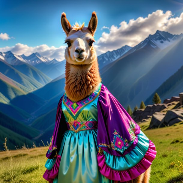 Pic of a llama in a dress in the mountains