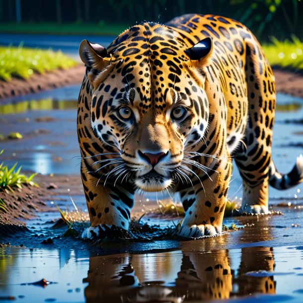 Foto de um choro de um jaguar na poça