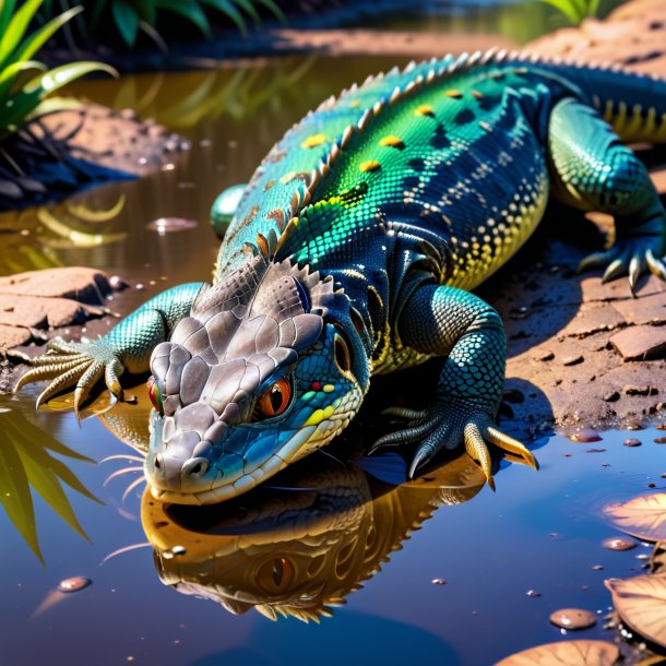 De uma espera de um lagarto monitor na poça