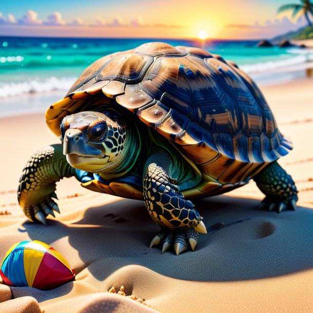 Image of a tortoise in a shoes on the beach