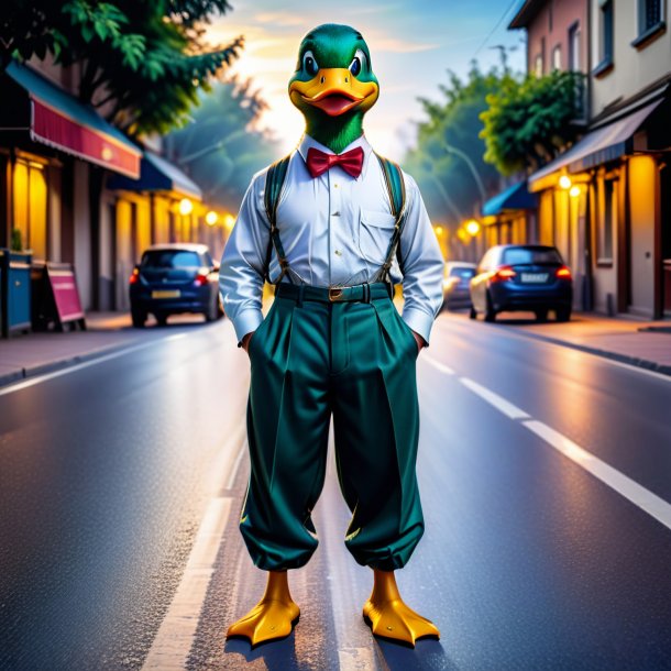 Photo of a duck in a trousers on the road