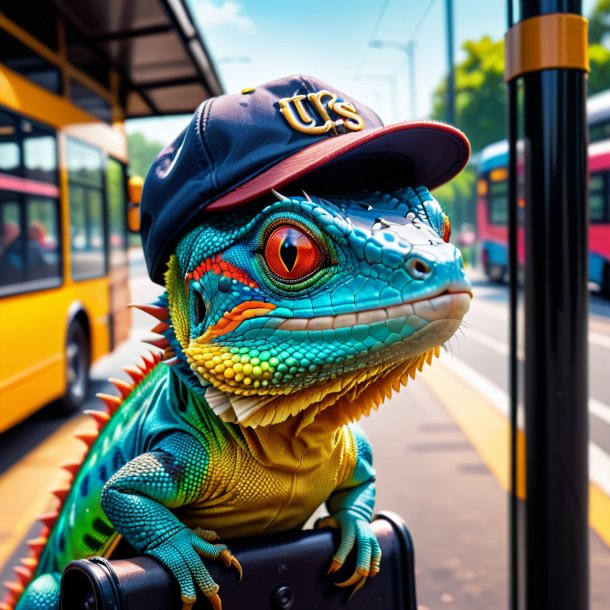 Photo of a lizard in a cap on the bus stop