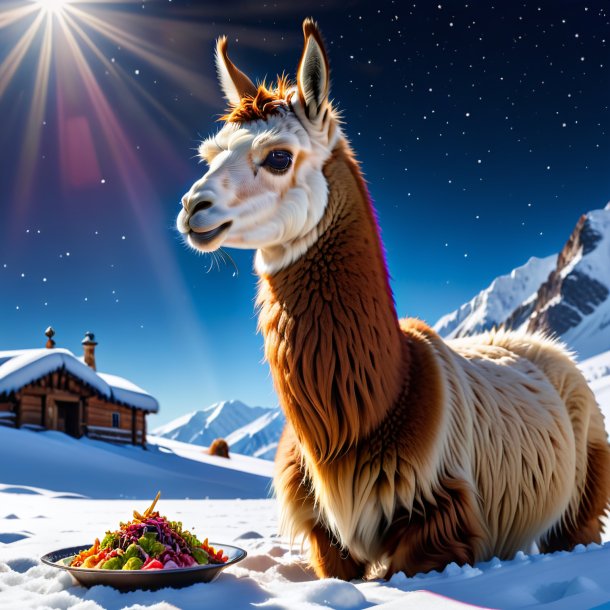 Picture of a eating of a llama in the snow
