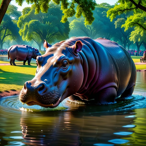 Photo of a drinking of a hippopotamus in the park