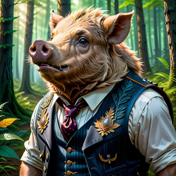 Drawing of a boar in a vest in the forest