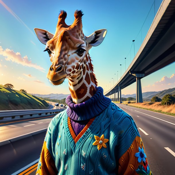 Drawing of a giraffe in a sweater on the highway