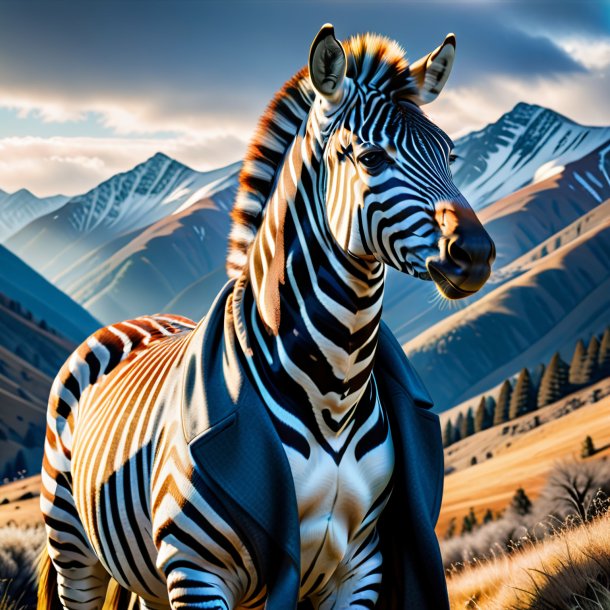 Picture of a zebra in a coat in the mountains