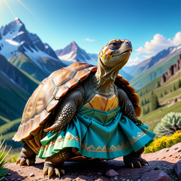 Picture of a tortoise in a skirt in the mountains