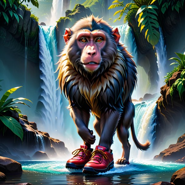 Image of a baboon in a shoes in the waterfall