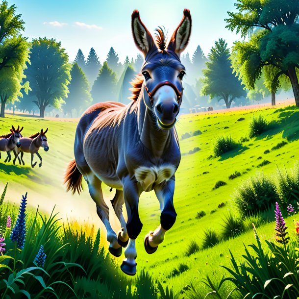 Pic of a jumping of a donkey in the meadow