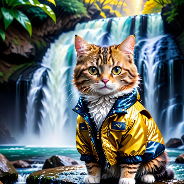 Pic of a cat in a jacket in the waterfall