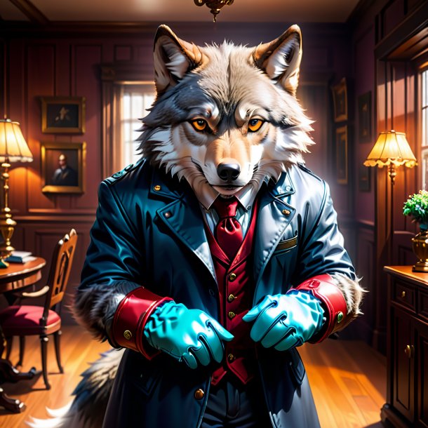 Illustration of a wolf in a gloves in the house