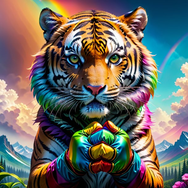 Picture of a tiger in a gloves on the rainbow