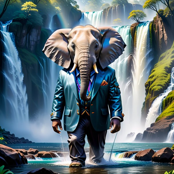 Pic of a elephant in a jacket in the waterfall