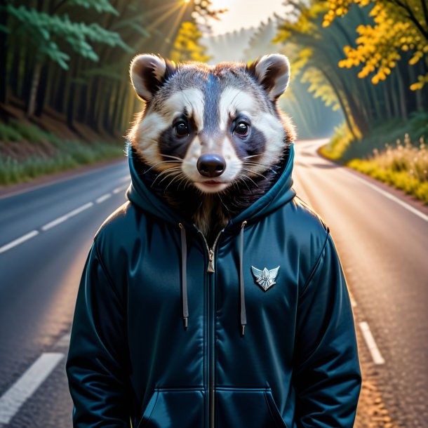 Photo of a badger in a hoodie on the road