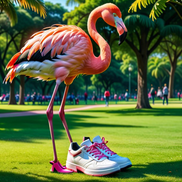 Imagem de um flamingo em um sapatos no parque