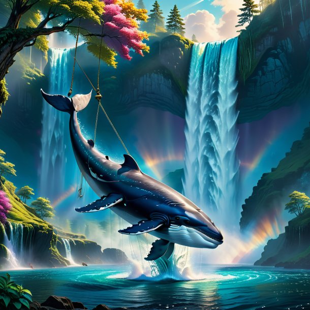 Image of a swinging on a swing of a whale in the waterfall