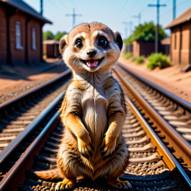 Imagen de una sonrisa de un suricato en las vías del ferrocarril