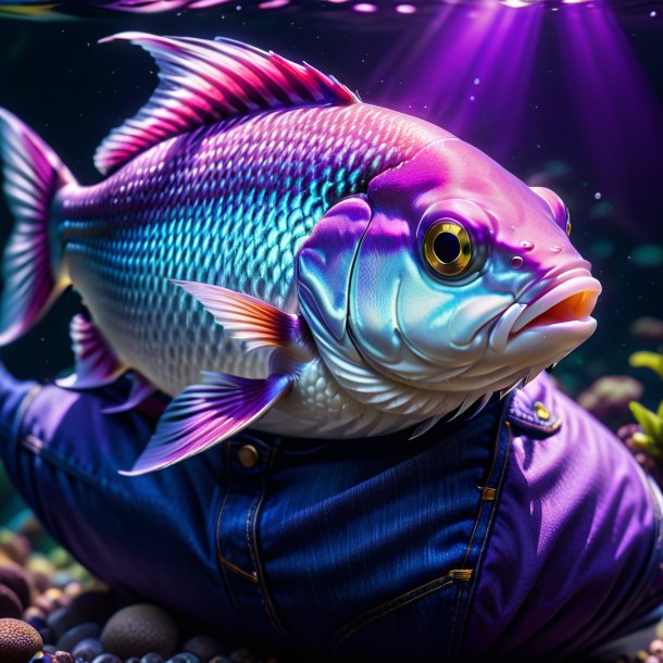 Foto de um peixe em um jeans roxo