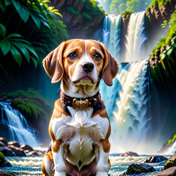 Pic of a beagle in a belt in the waterfall