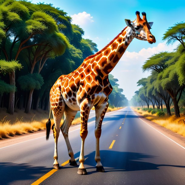 Image d'une girafe dans un gants sur la route