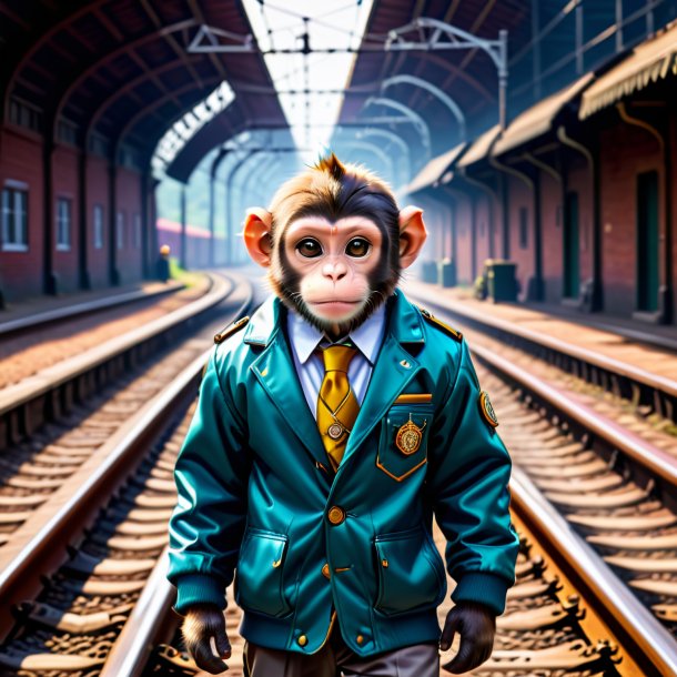 Imagem de um macaco em uma jaqueta nos trilhos ferroviários